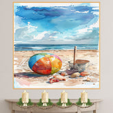 Watercolor Beach Scene with Colorful Ball, Shells, Metal Pail, and Shovel on Sandy Shore with Blue Ocean and Sky on Ready to Hang 1.5" Thick Canvas Wrap, Floating Framed Canvas, Flat Rolled Canvas